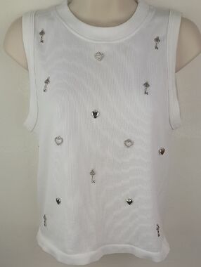 Gorgeous Bright White Sleeveless Charm Embellished Ribbed Tank Top